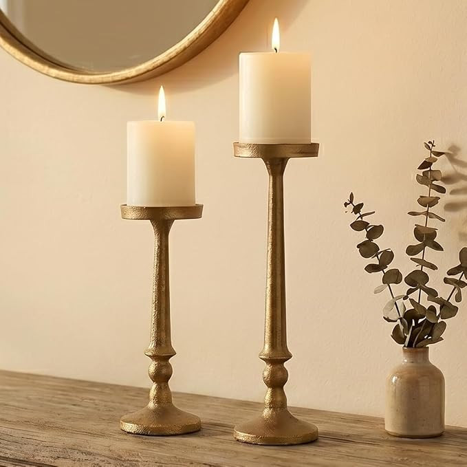 Vintage Iron Pillar Candle Holders Set of 2, Antique Brass Gold | Amazon (US)