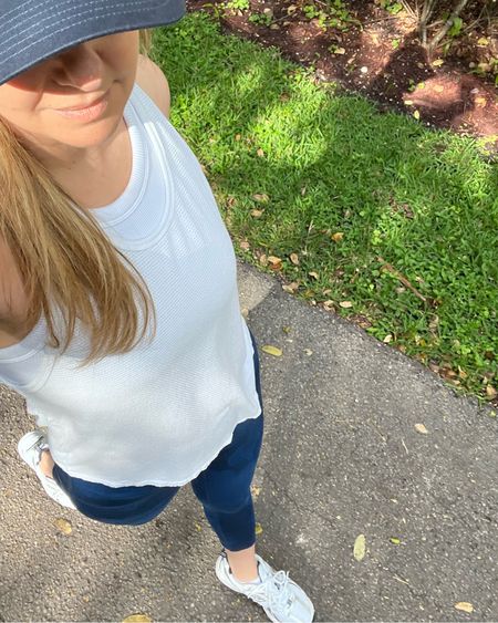 Walking outfit this morning - I’m wearing a white mesh white tank and cropped top underneath. Similar styles of my Ritz Paris x Frame Denim baseball hat 🧢 are linked in my other post today.

#LTKstyletip #LTKActive #LTKfitness