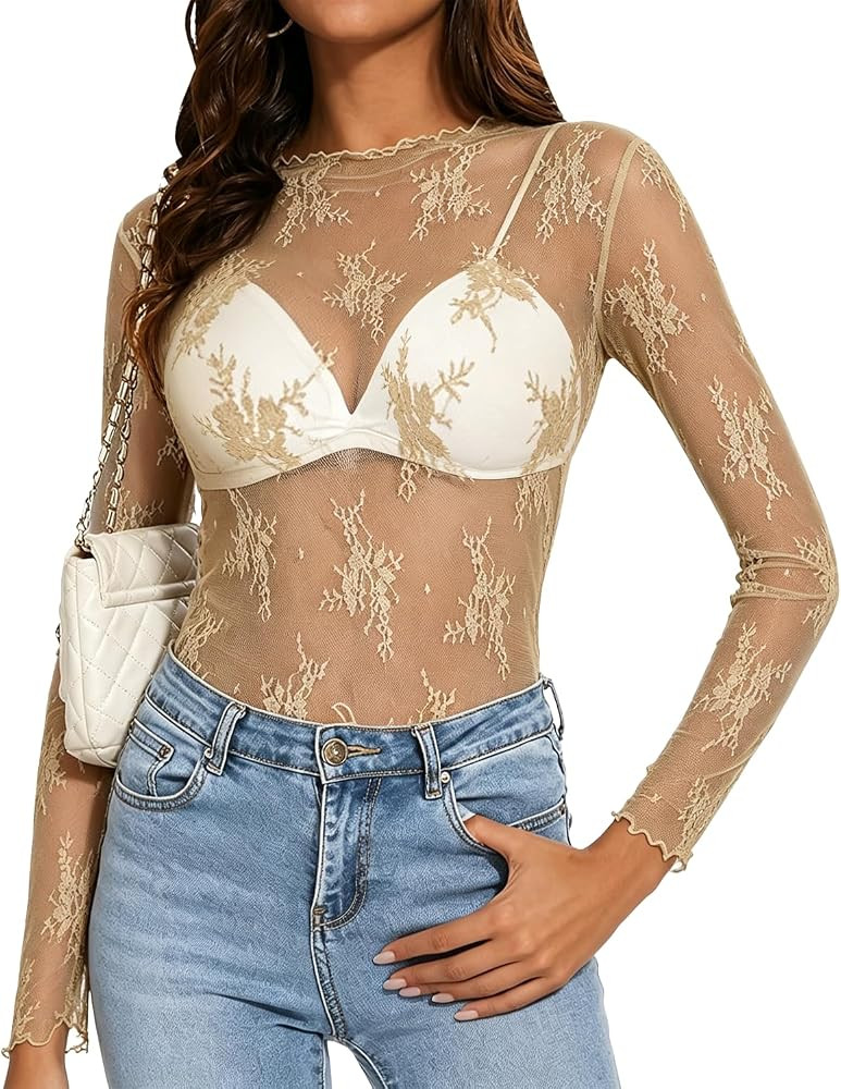 materasu Women's Long Sleeve Mesh Top Mock Neck Sheer Blouse See Through Floral Lace Tops | Amazon (US)