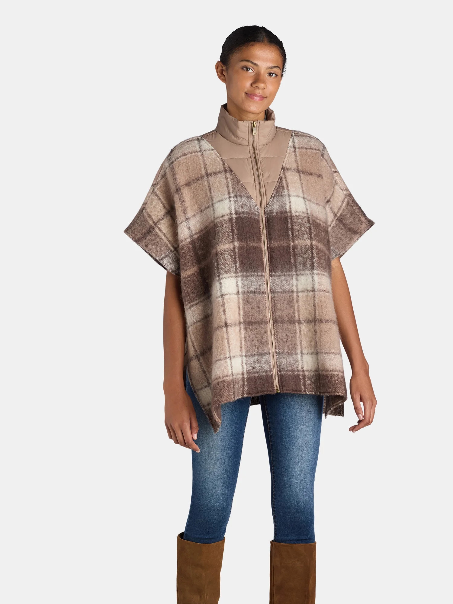 Time and Tru Women's Plaid Fashion Cover-Up Puffer Poncho, Tan, Size S/M | Walmart (US)