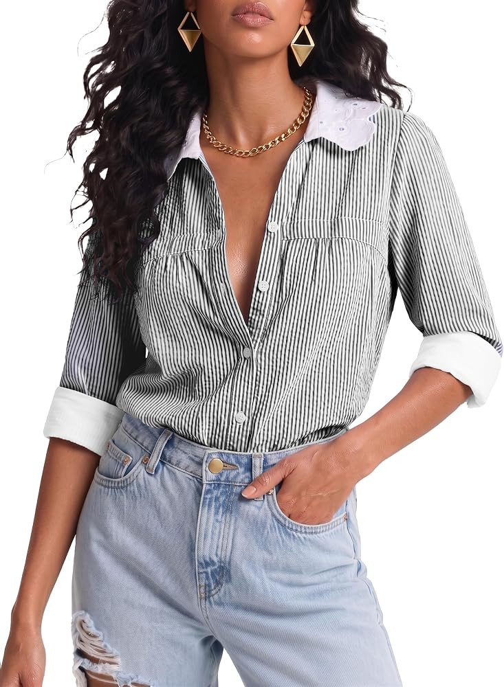ECOWISH Striped Button Down Shirt for Women Collared Tops Long Leeve Blouse | Amazon (US)