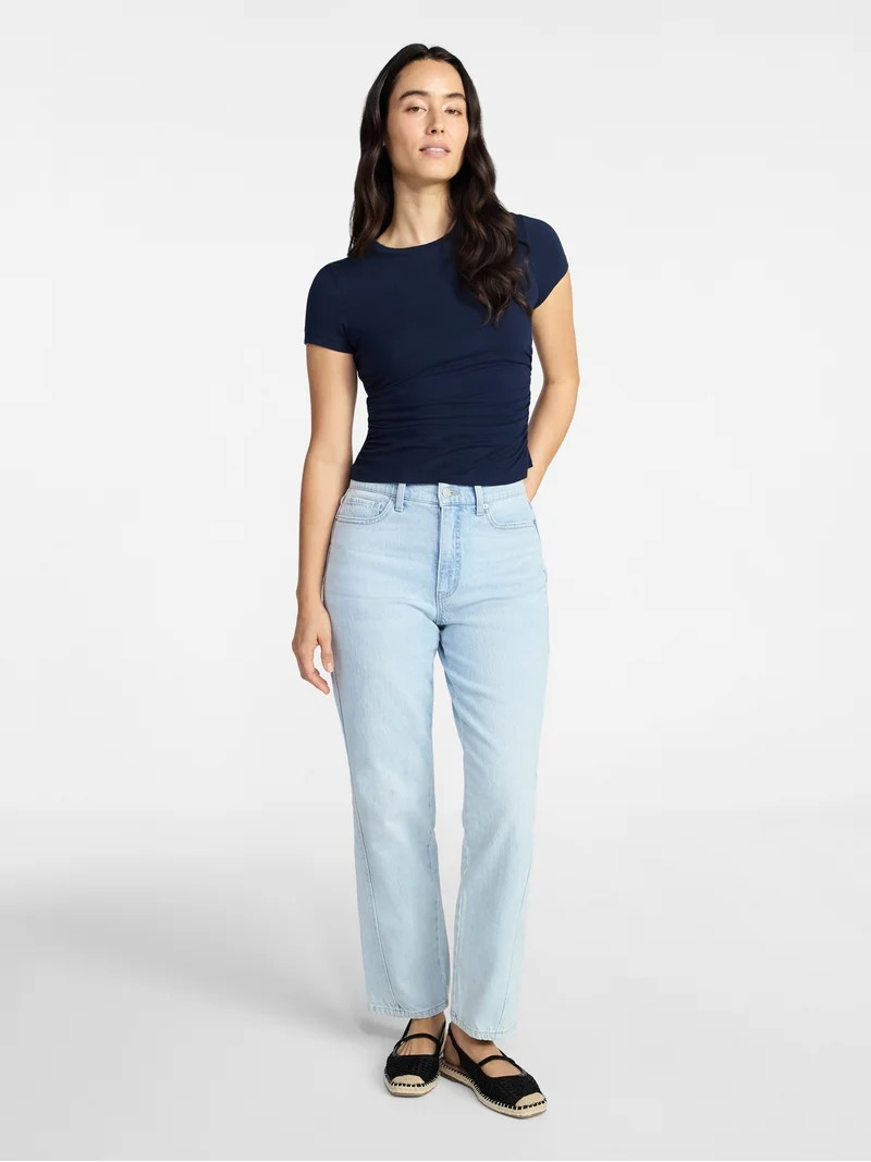 Time and Tru Women’s Ruched Tee with Short Sleeves, Sizes XS-XXXL | Walmart (US)