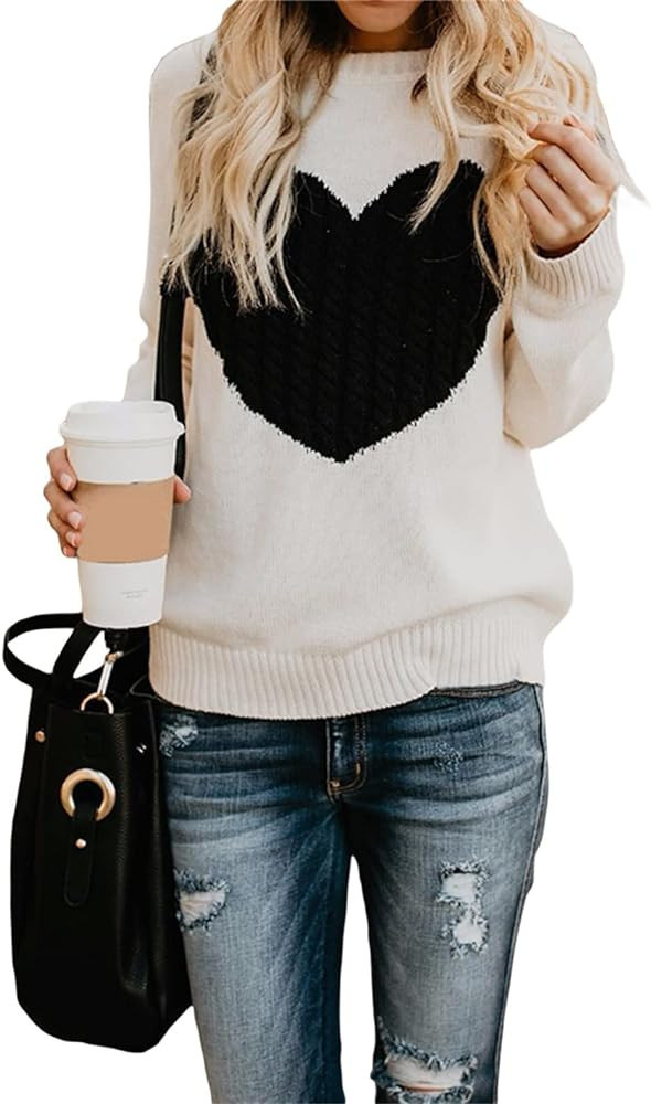 LOSIBUDSA Women Heart Print Sweater Long Sleeve Pullover O-Neck Knitted Blouse Shirt Casual Loose... | Amazon (US)