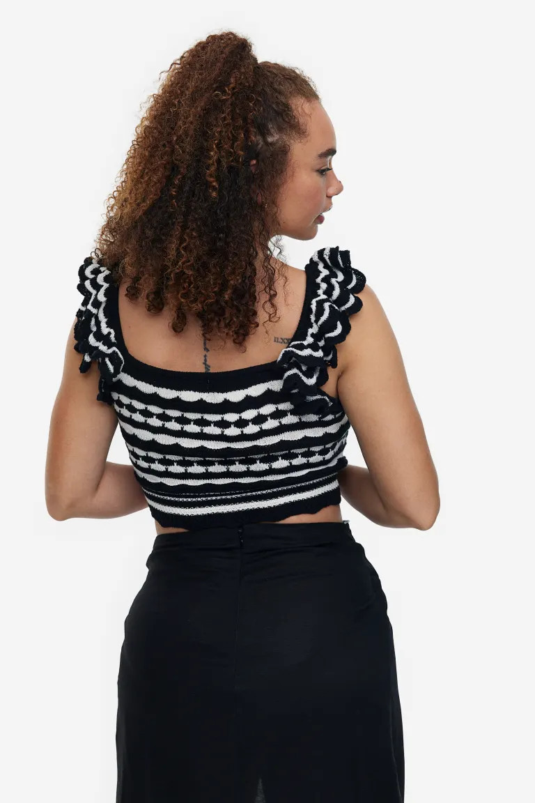 Crochet-look Crop Top - Black/striped - Ladies | H&M US | H&M (US + CA)