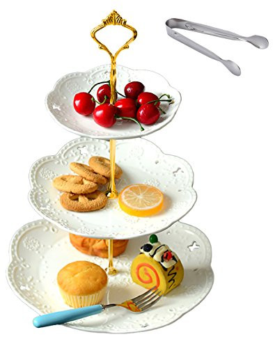 Jusalpha 3 Tier White Porcelain Cake Stand, Cupcake Stand with Golden Pilar | Amazon (US)