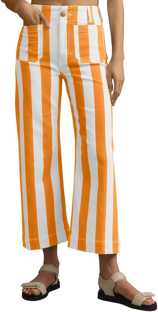 Womens Striped Jeans Wide Leg Trousers Casual High Waisted Stretchy Straight Leg Denim Pants with... | Amazon (US)