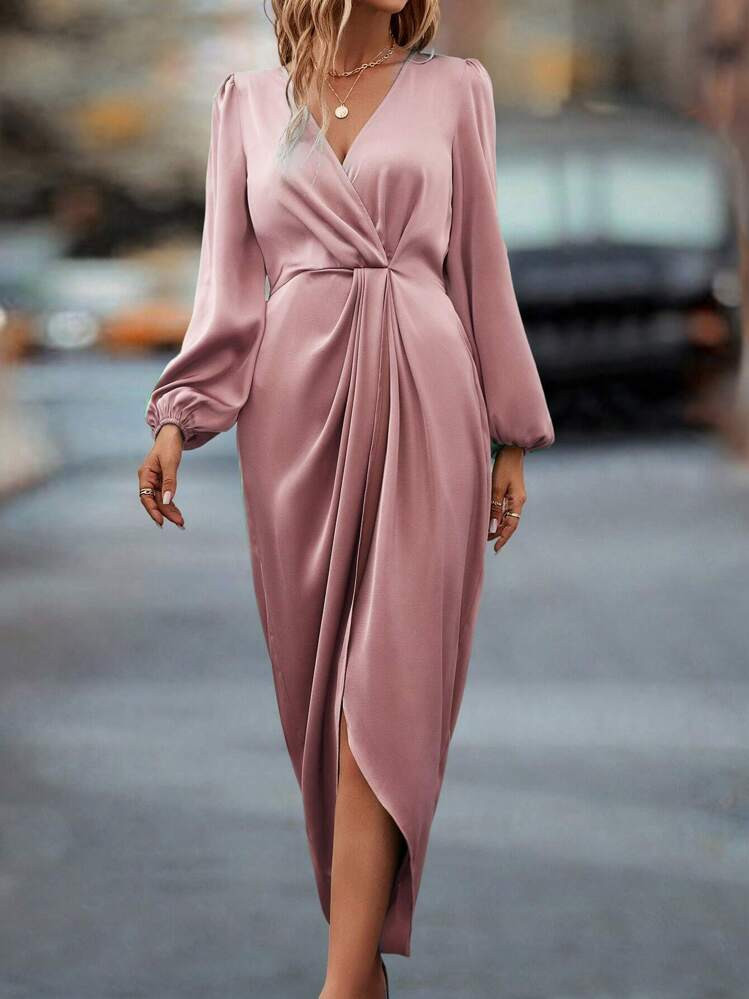 Chiquease Lantern Sleeve Twist Front Wrap Hem Satin Dress Maxi Women Outfit | SHEIN