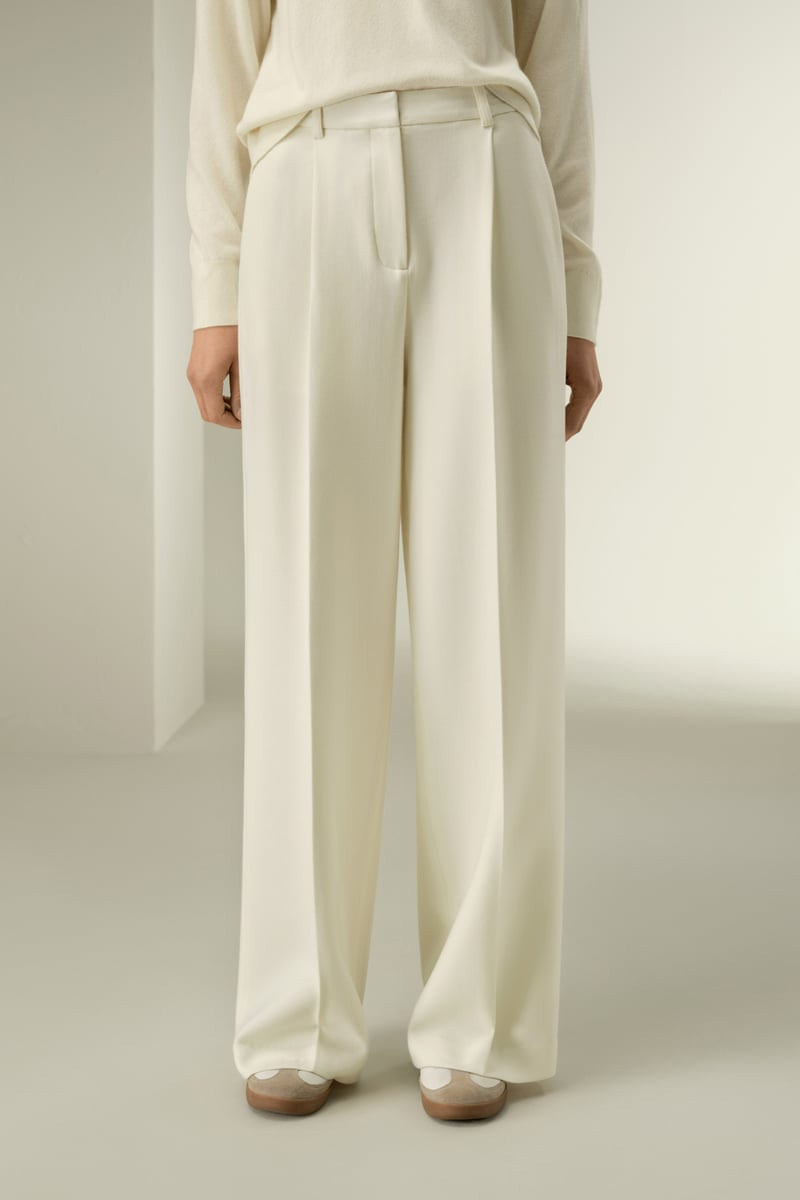 LILYSILK Women's Silk-Wool Tweed Wide-Leg Trousers, Natural White, Size 2 | LILYSILK