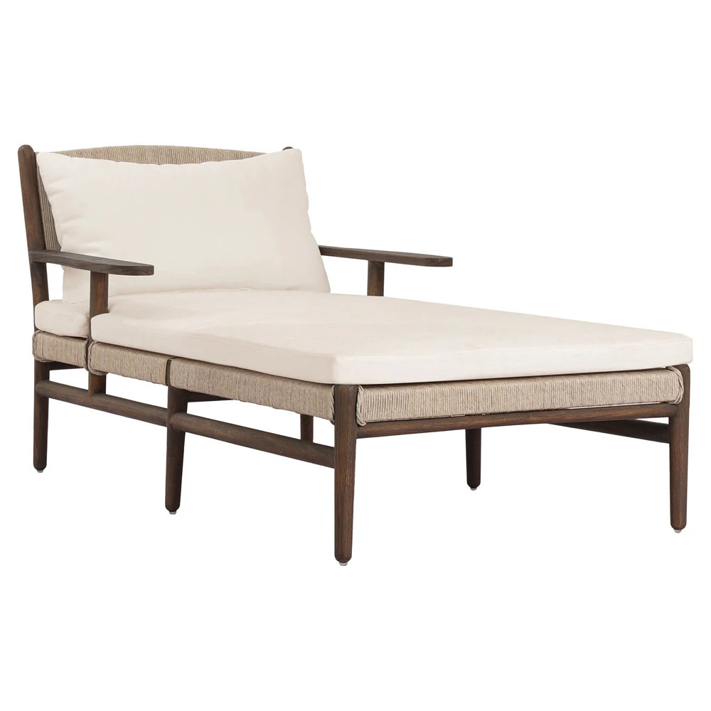Hirom Updated Traditional Cream Cushion Brown Teak Outdoor Chaise Lounge | Kathy Kuo Home