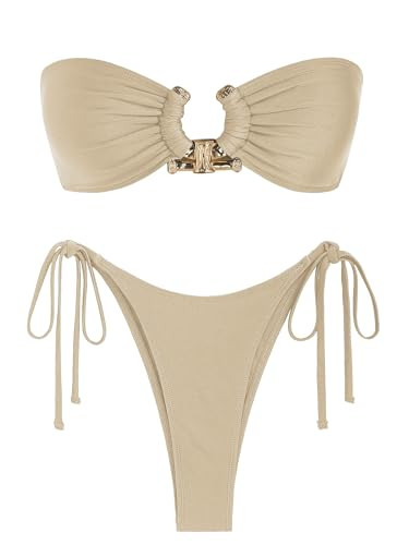 ZAFUL Metal Ring Bandeau Bikini Set Satin Silk Tie Side Bathing Suit High Cut 2 Piece Swimsuit Cutout Swimwear | Amazon (US)