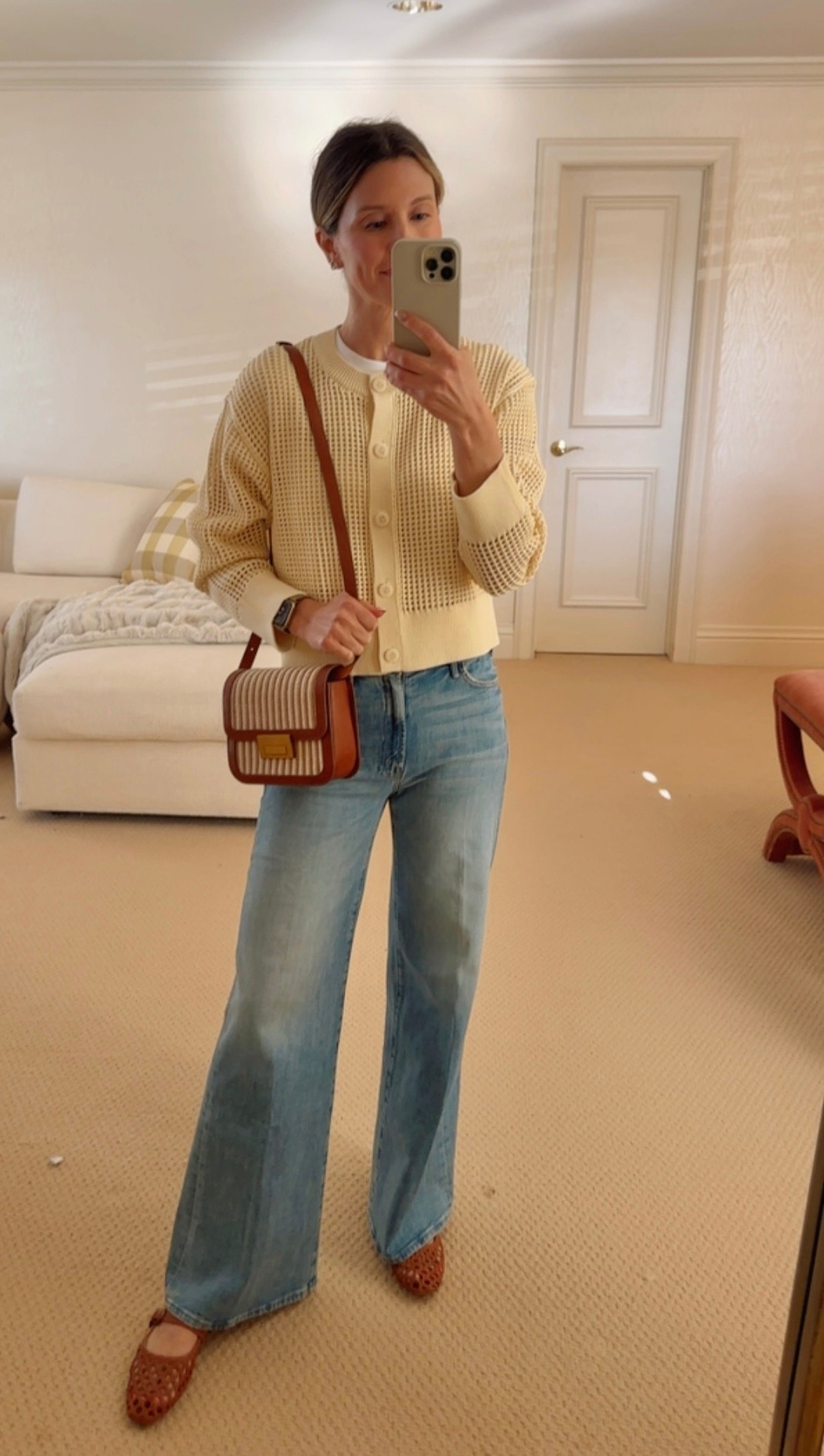 Spring look. Perfect denim and crochet cardigan. Wearing petite 25 in jeans
