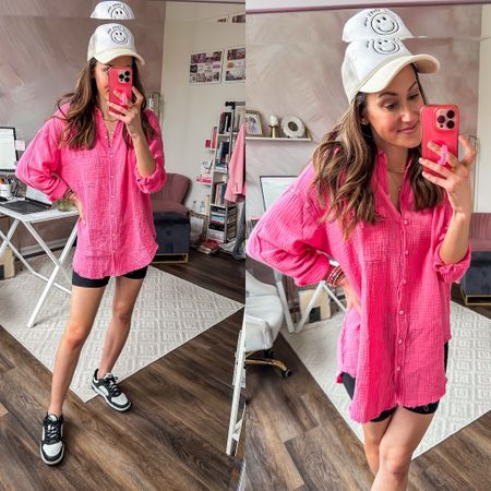 Pink aerie pool to party cover up — the PERFECT oversized button down for summer! 🩷 Currently on sale for 55% off!!!!! 🥳 Paired with black biker shorts + the best Nike Air One look for less…

#LTKFindsUnder50 #LTKSeasonal #LTKSaleAlert