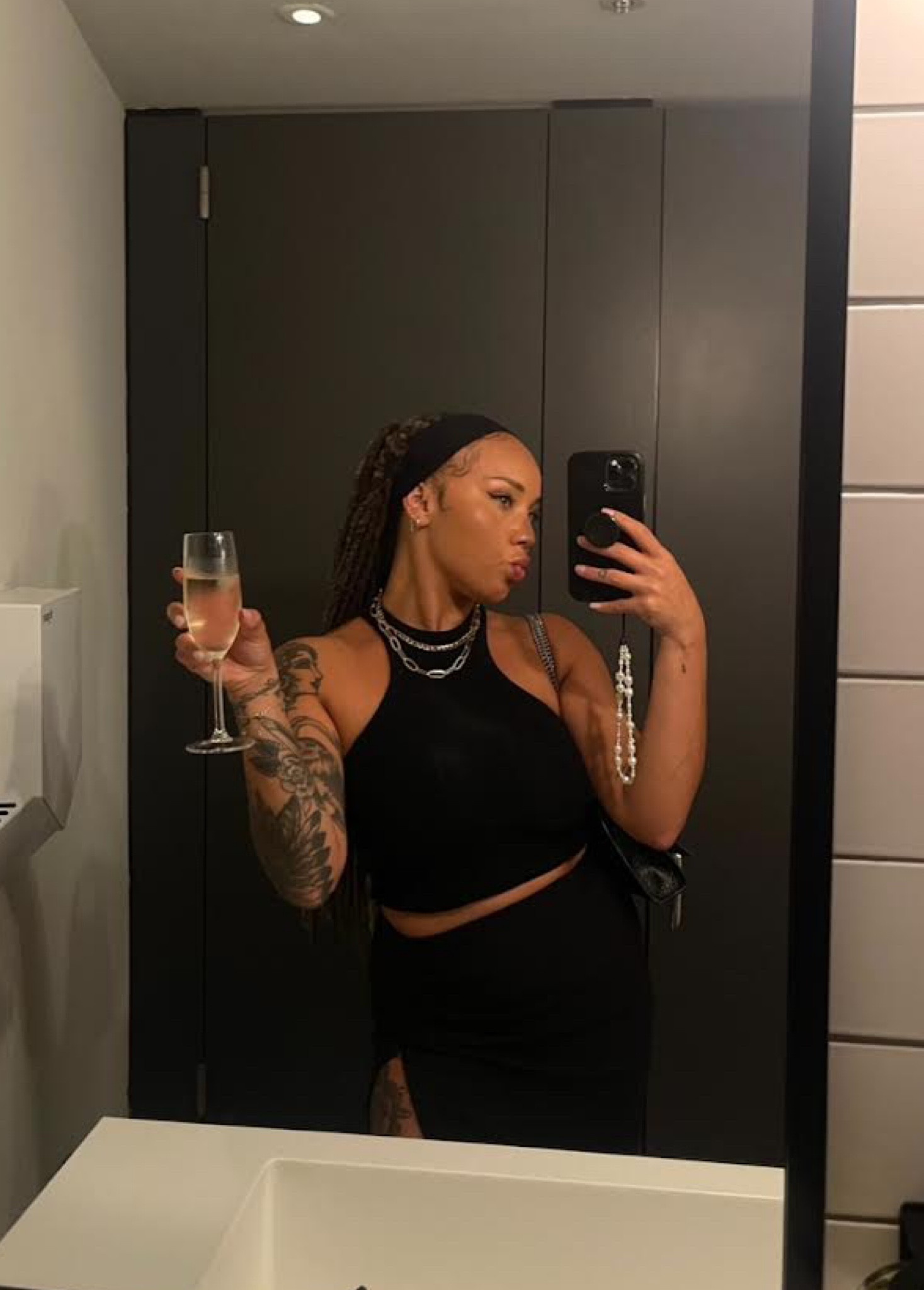 YSL beauty event outfit, all black outfit, YSL bag, black racer crop top, black skirt, evening outfit, autumnal fashion, transitional style, silver chains, black headband, dinner outfit inspo, mirror selfie 

#LTKeurope #LTKstyletip #LTKSeasonal