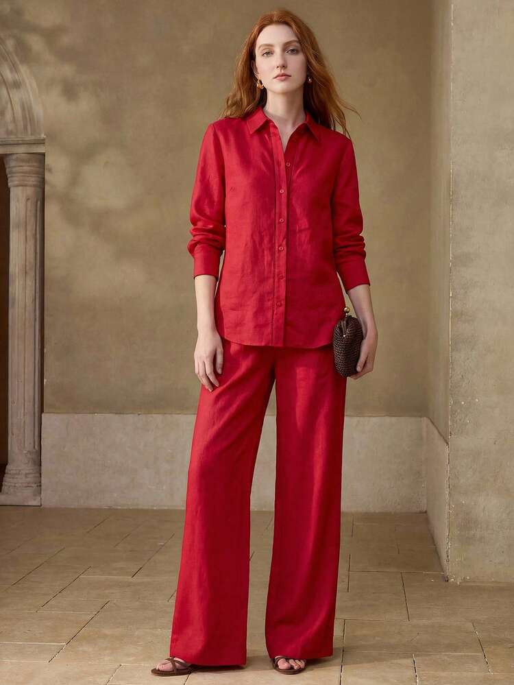 MOTF PREMIUM LINEN RED STRAIGHT-LEG PANTS | SHEIN