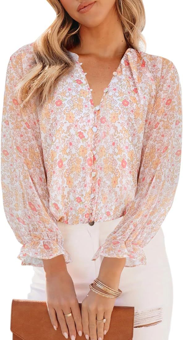 Aoudery Womens Casual Boho Floral Print V Neck Long Sleeve Blouses Button Down Shirts Dressy Chif... | Amazon (US)