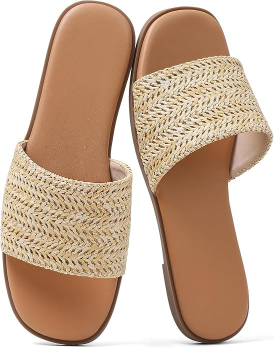 Tscoyuki Slides Sandals for Women Basic Slip On Flat Sandals Open Toe Comfort Beach Sandals Slipp... | Amazon (US)