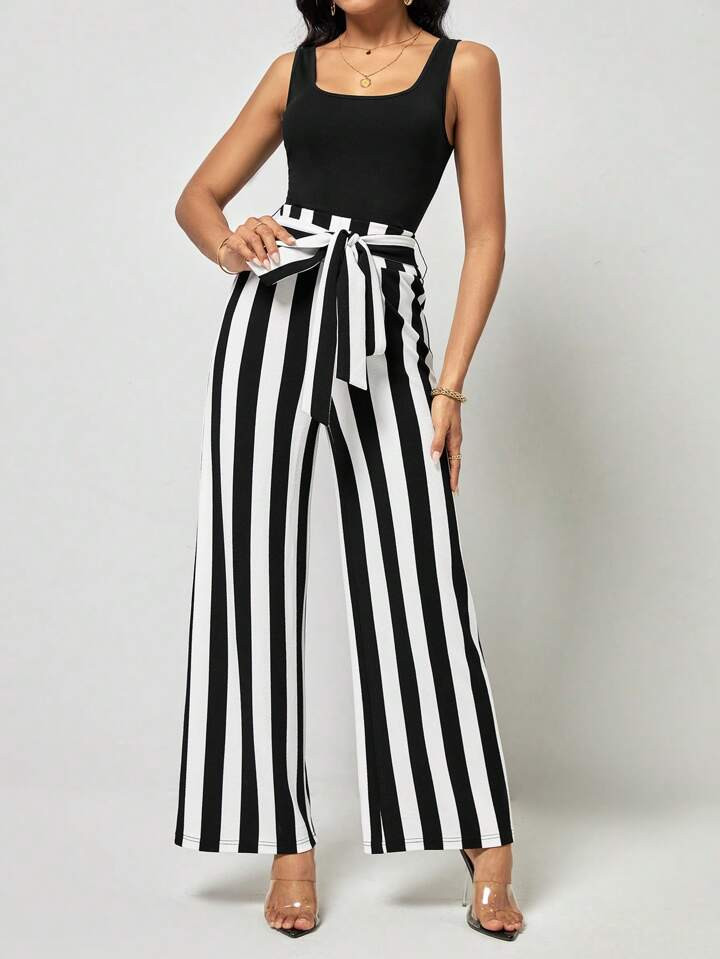 SHEIN Clasi Solid Tank Top & Striped Belted Wide Leg Pants | SHEIN