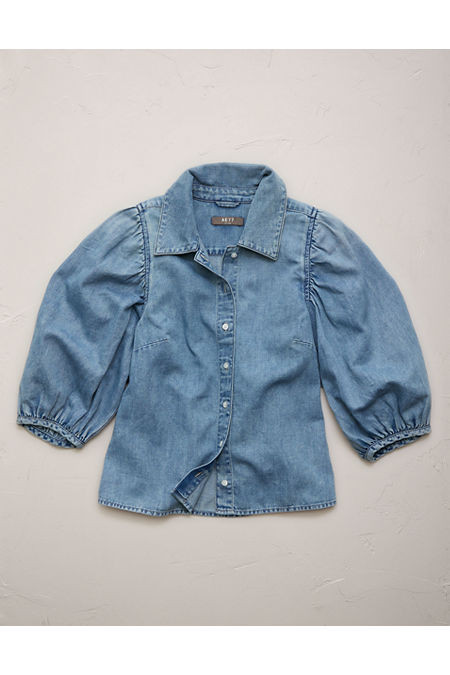 AE77 Puff-Sleeve Denim Shirt Women's Medium Wash S | American Eagle Outfitters (US & CA)