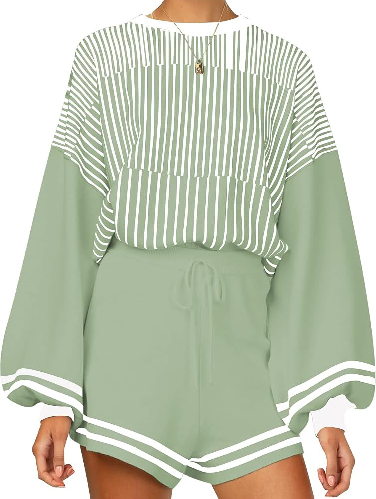 Flygo Womens Knit Striped 2 Piece Outfits Crewneck Pullover Sweater Shorts Set Wide Leg Matching ... | Amazon (US)