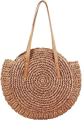 Round Straw Bag Large Woven Summer Beach Tote Handbags Handle Shoulder Bag for Women Vacation | Amazon (US)