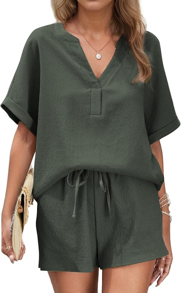 Andeip Lounge Pajama Sets for Women 2 Piece Shorts Summer Oversized Comfy Crepe Texture Pj Sets L... | Amazon (US)