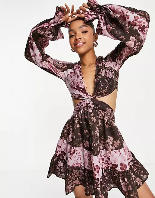 ASOS DESIGN voile mini dress with twist front in patched abstract floral print | ASOS | ASOS (Global)