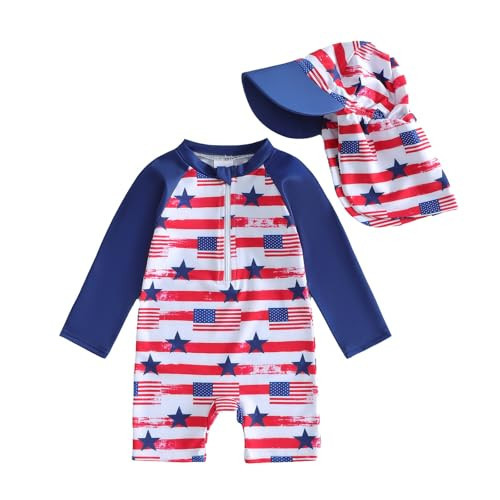 Xiaodriceee 4th of July Baby Boy Outfit Star American Flag Print Long Sleeve Zipper Swimsuit Hat Fourth of July Baby Boy Outfit(A-Blue, 3-6 Months) | Amazon (US)