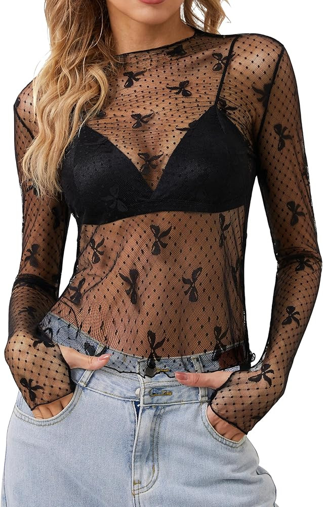 Lace Tops for Women Long Sleeve Sexy Mesh Top Going Out Dressy Sheer Top See Through | Amazon (US)