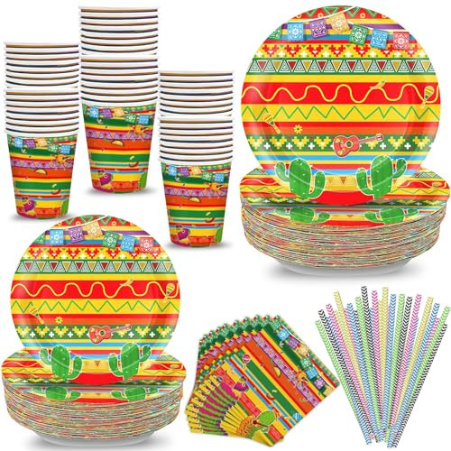 240 Pcs Cinco De Mayo Party Decorations Serves 48, Mexican Fiestas Tableware Set Including Fiestas Paper Plates, Napkins, Straws, Cups Mexican Theme Party Supplies for Taco Tuesday Birthdays Carnivals | Amazon (US)