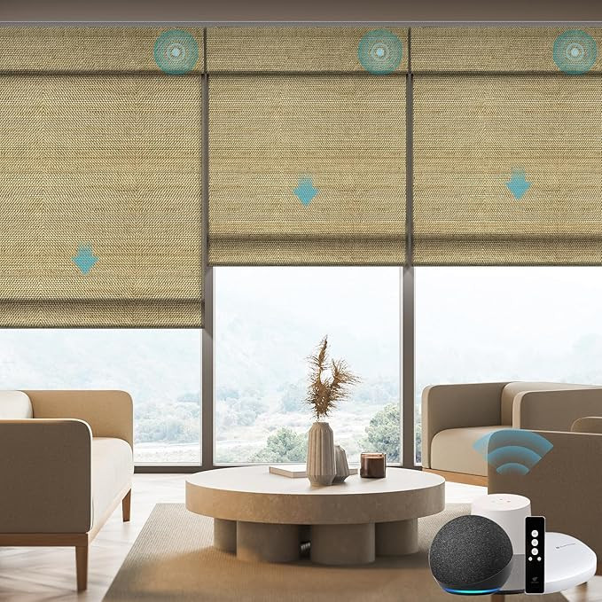 SmartWings Motorized Natural Woven Wood Blinds for Windows, Electric Auto Roman Shades with Remot... | Amazon (US)
