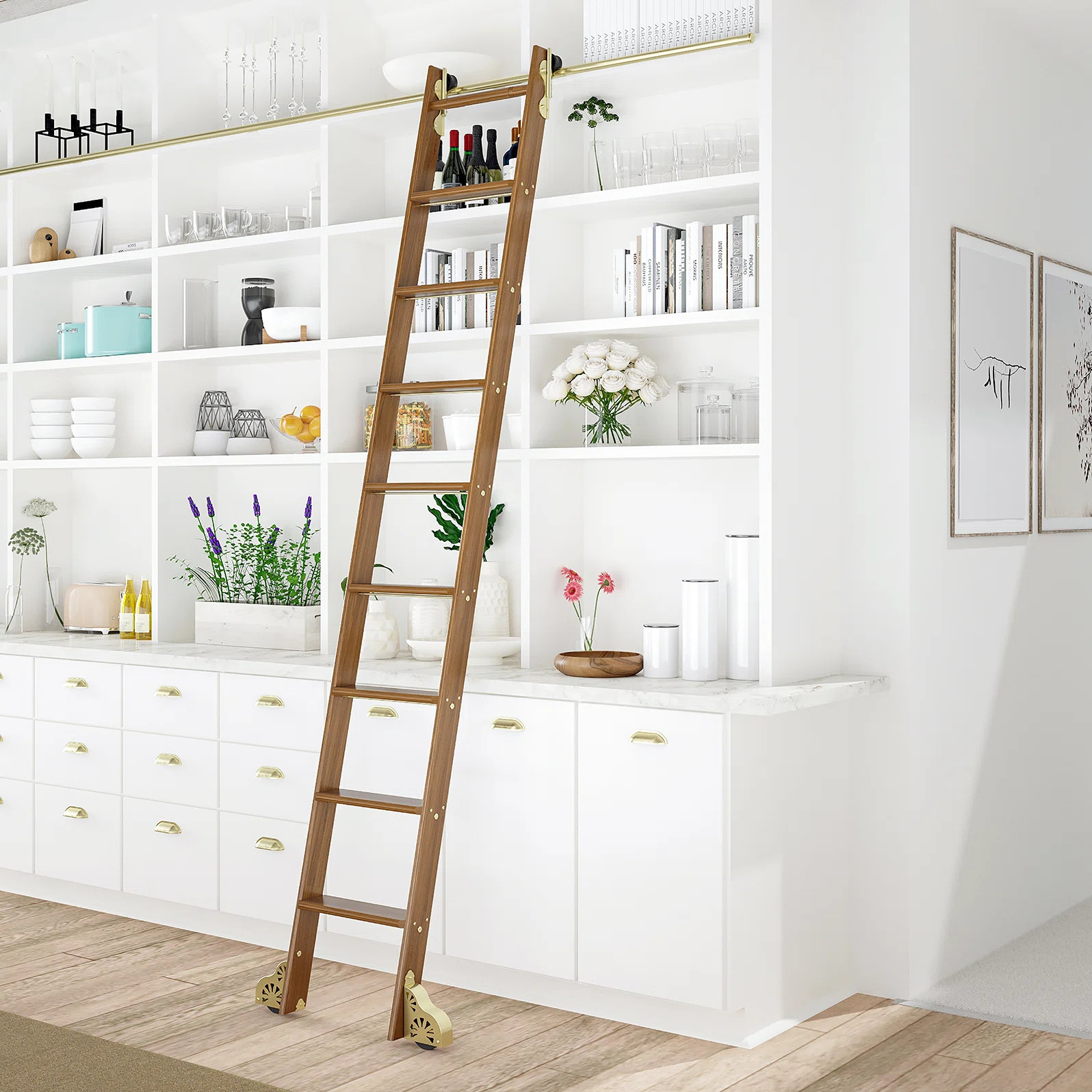 Quiet Glide Walnut 8.92' 8-Step Wood Removable Sunburst Wheel Ladder | Wayfair | Wayfair North America