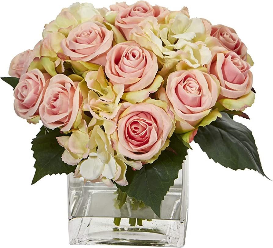 Nearly Natural Rose and Hydrangea Bouquet Artificial Vase Silk Arrangements Pink 11x11x9 | Amazon (US)