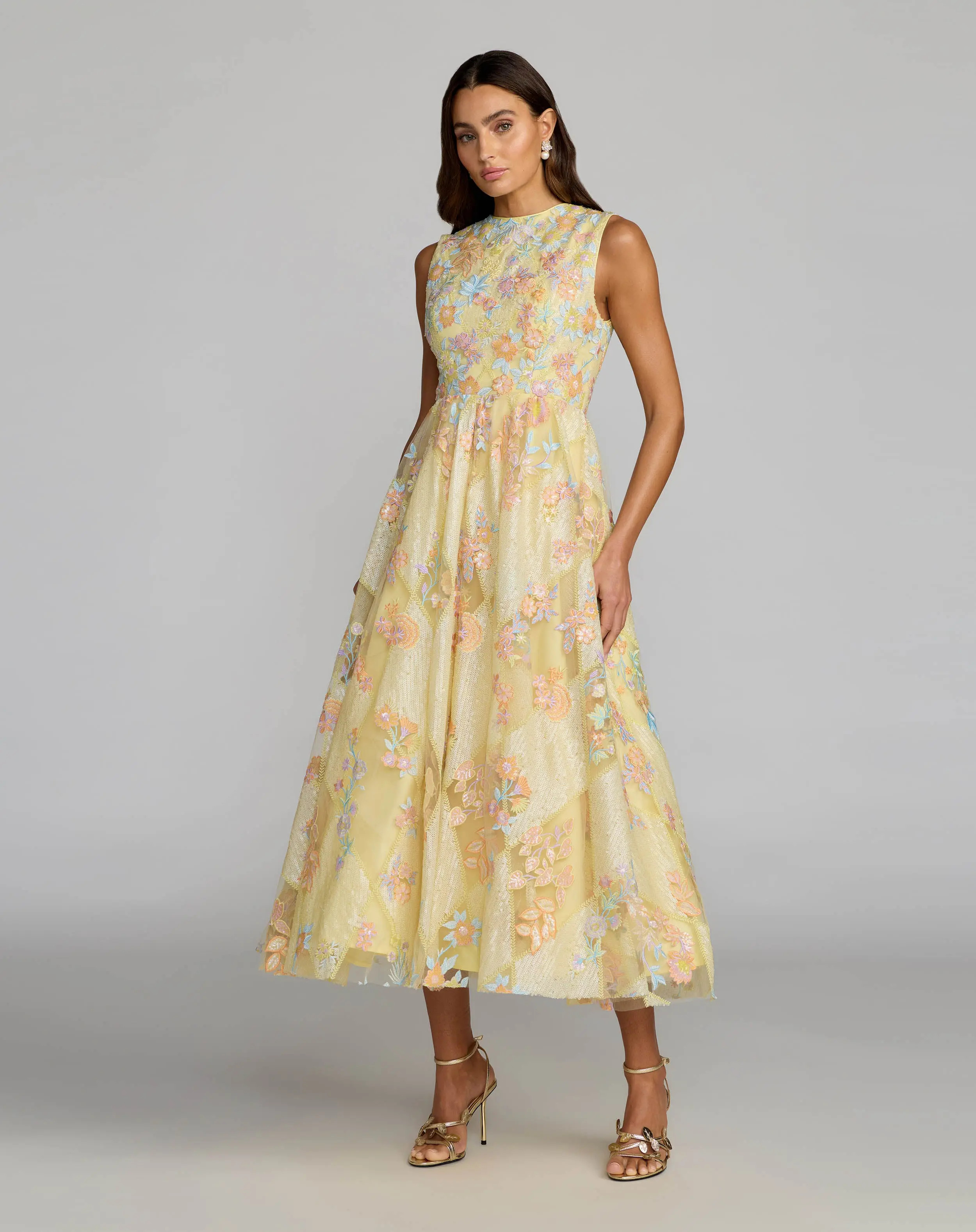 Yellow Sleeveless Embroidered A-Line Midi Dress | Mac Duggal | Mac Duggal