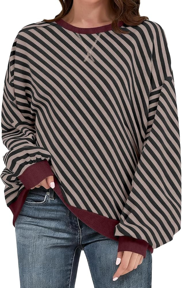 UEU Women's Striped Oversized Sweatshirt Long Sleeve Crewneck Shirts Y2K Pullover Hoodies 2025 Fa... | Amazon (US)