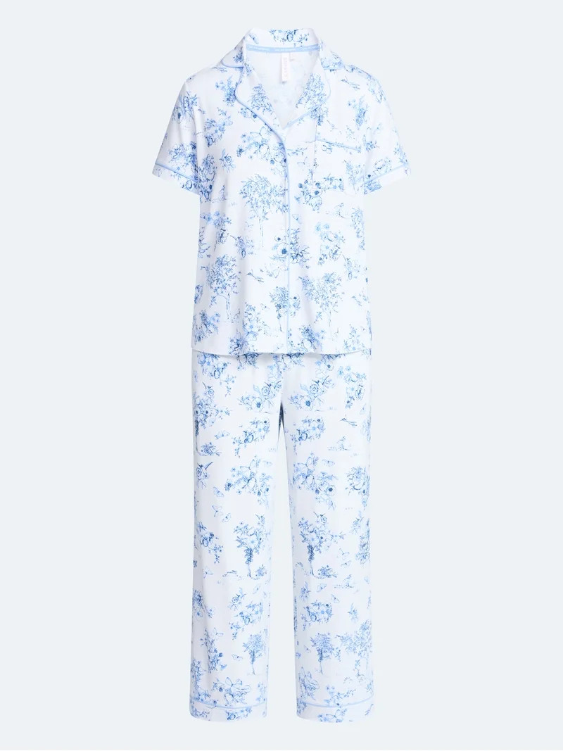 Joyspun Women's Dreamy Soft Collection Notch Collar Top and Capri Pants Pajama Set, 2-Piece, Size... | Walmart (US)