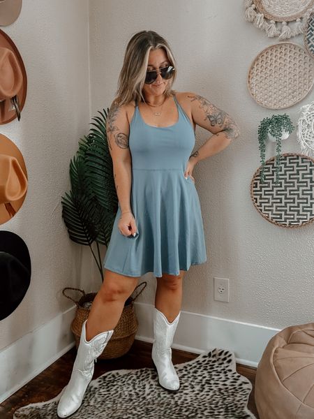 Fourth of July outfit idea - blue summer outfit idea - country concert outfit idea - Nashville summer outfit idea. Blue workout tennis dress (MED) paired with white cowboy boots (TTS) 

#LTKU #LTKFind #LTKSeasonal