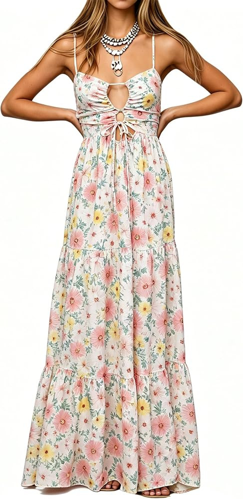 Womens Summer Floral Spaghetti Strap Backless Low Cut Smocked Milkmaid Flowy Beach Sundresses | Amazon (US)