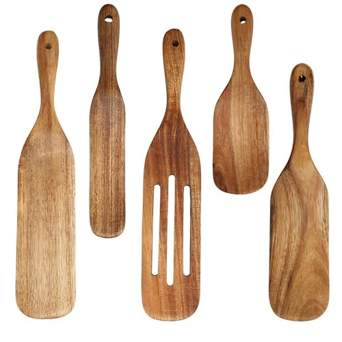 LNJBABAO 5 Pcs Wooden Spatula for Cooking Teak Kitchen Wooden Utensils Set Non Stick Wood Kitchen Utensil Spurtles Kitchen Tools Wooden for Serving Stirring Mixing Scraping Scooping | Amazon (US)