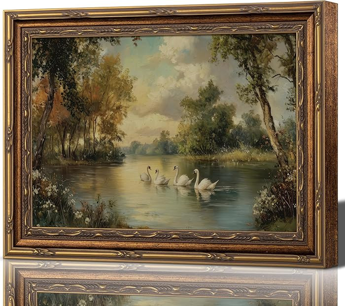 Framed Vintage Classical Swan Canvas Wall Art White Swan Painting Picture Wall Decor Rustic Farmh... | Amazon (US)