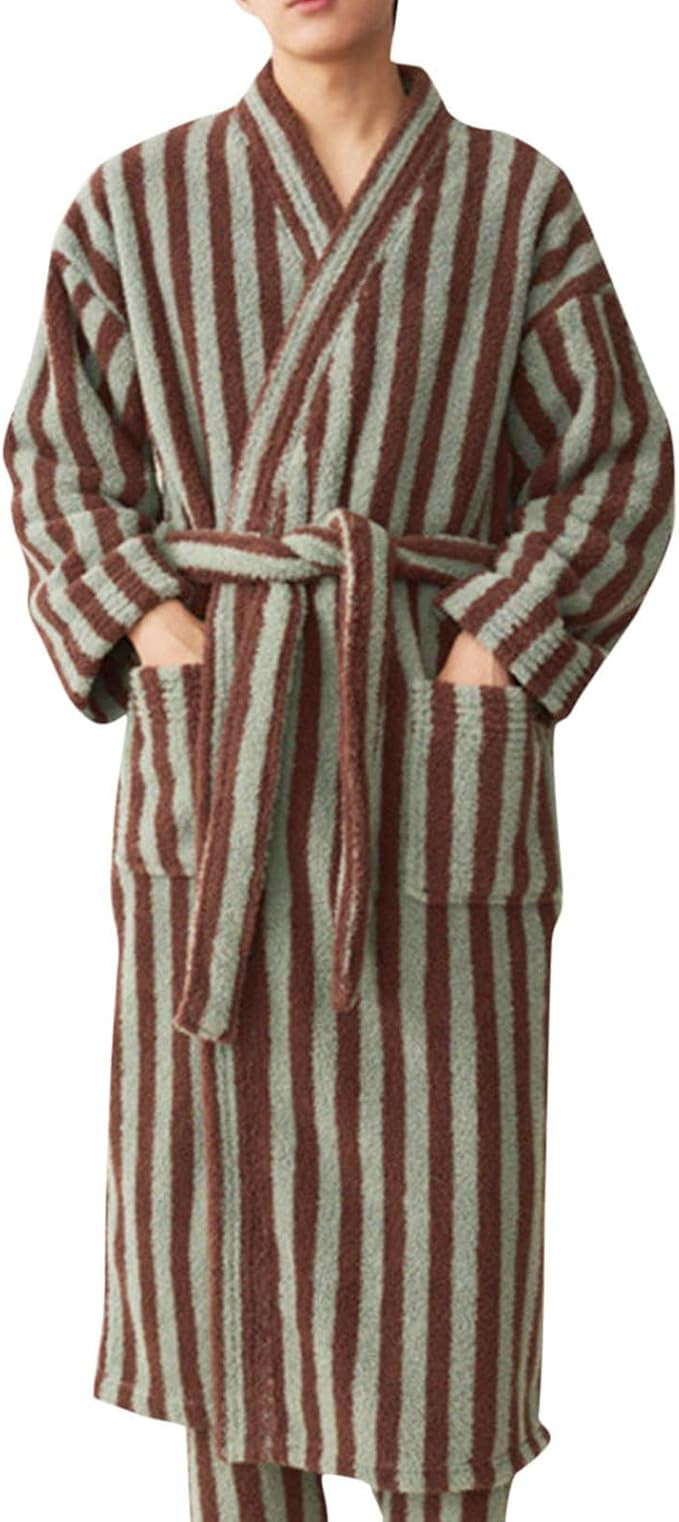 Flannel Robes for Men 2024 New Striped Long Sleeve Bathrobes Aesthetics Stylish Robe Fall Winter ... | Amazon (US)
