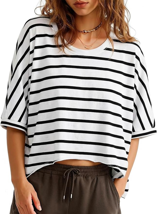 Tankaneo Womens Oversized T-Shirts Cropped Summer Casual Short Sleeve Loose Fit Tee Tops | Amazon (US)