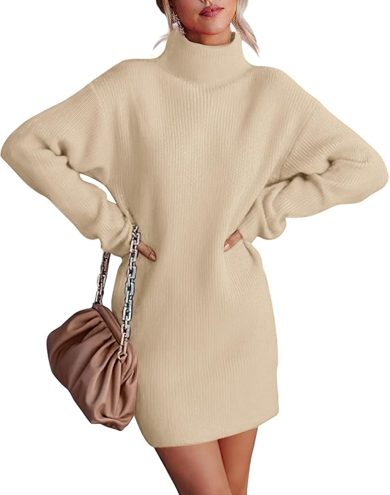 BTFBM Women's Long Sleeve Turtleneck Sweaters Soft Ribbed Knit Oversized 2023 Fall Winter Long Pu... | Amazon (US)