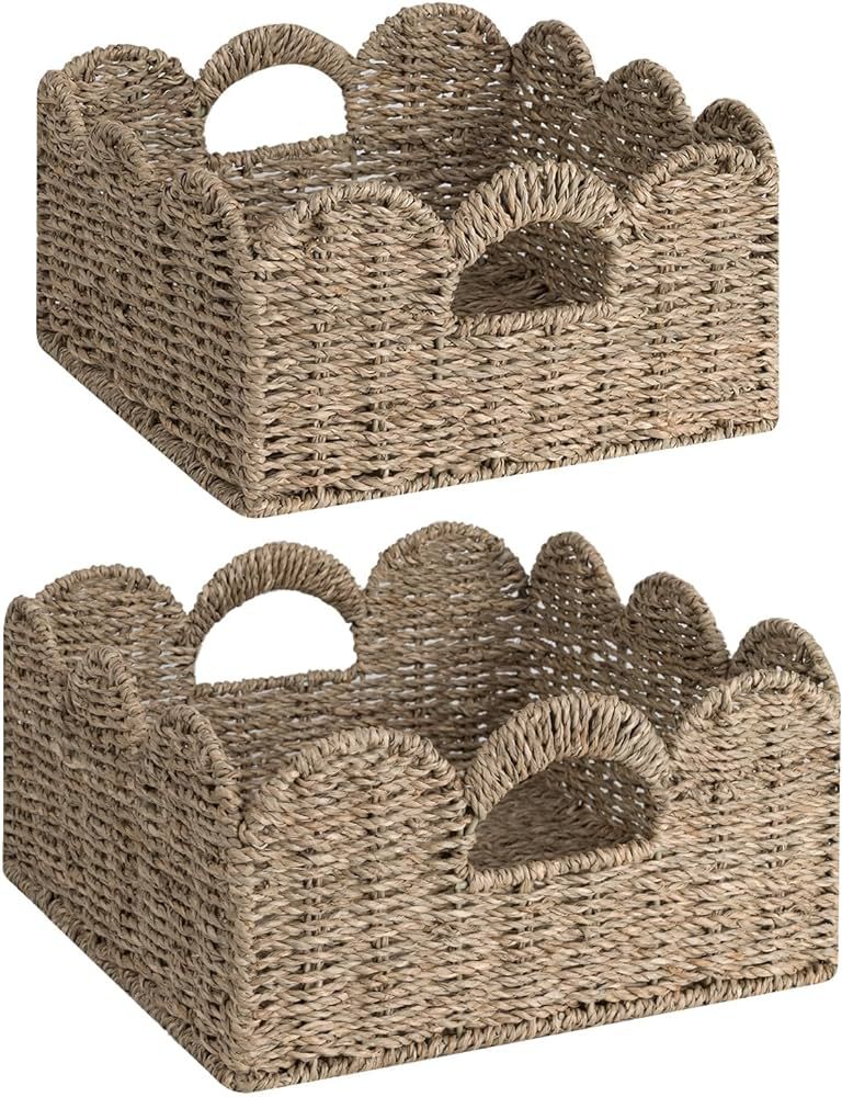StorageWorks Wicker Storage Baskets, Hand-Woven Basket for Shelves, Scalloped Edge Basket with Ha... | Amazon (US)