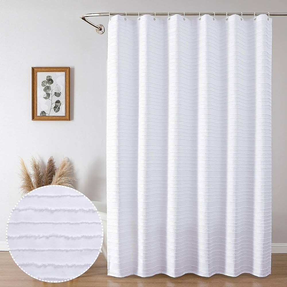 Boho Shower Curtain White 72x78 Inches, Modern Farmhouse Fabric White Shower Curtain Classic Stripe Tufted Textured Cloth Shower Curtain for Bathroom Decor with 12 Hooks | Amazon (US)