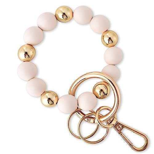 Junyuerly Wristlet Keychain Silicone Beaded Key Ring Bracelet for Women Elastic Bangle Key Chain Holder (Gold bead + white bead) | Amazon (US)