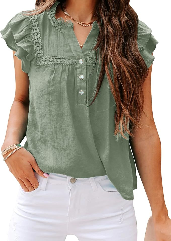 PRETTODAY Women's V Neck Lace Crochet Shirts Button Down Short Sleeve Casual Blouse Tops | Amazon (US)
