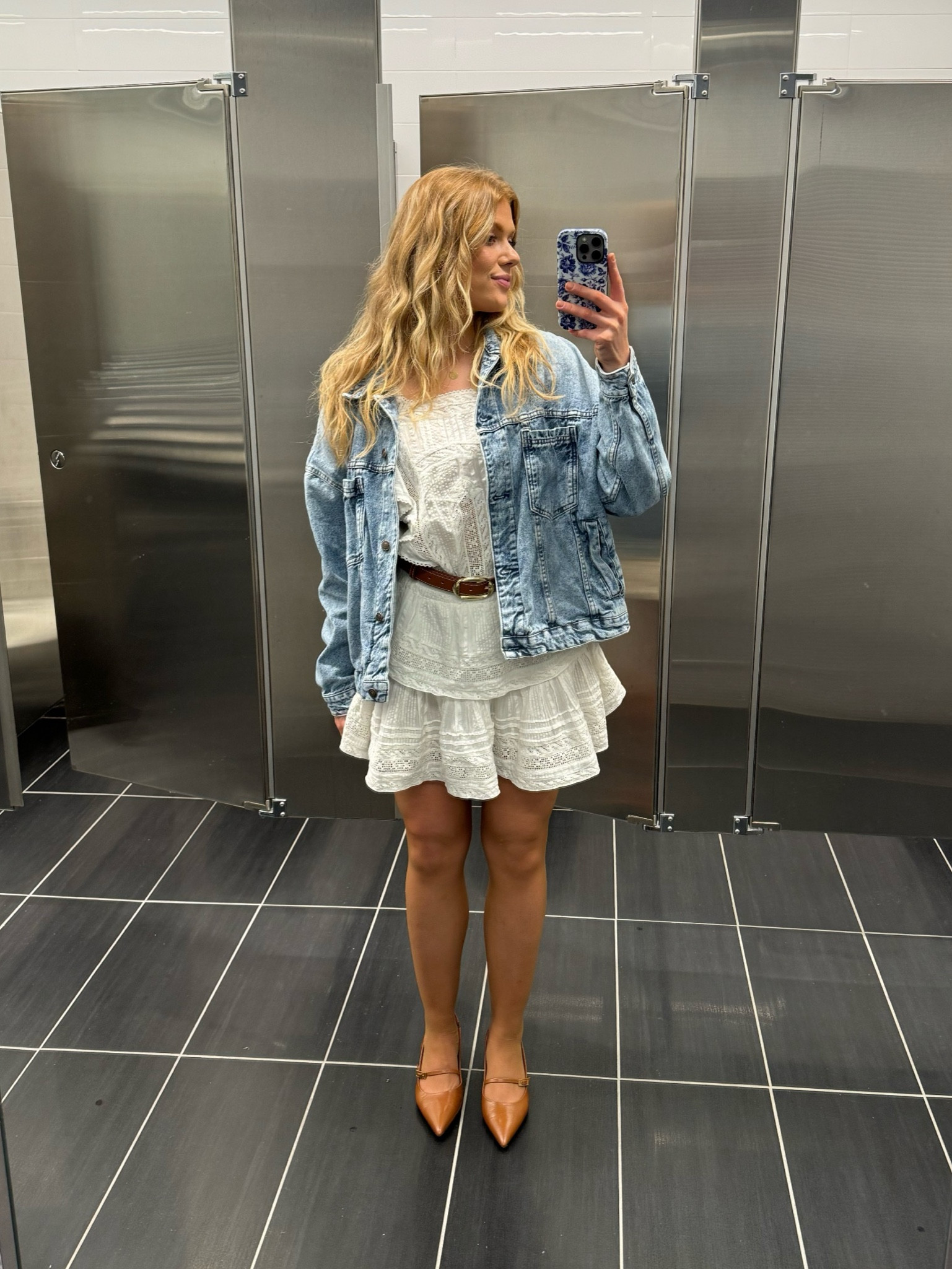 Oversized jean jacket with layer white dress paired with brown belt and brown sling backs!

#LTKfindsunder100 #LTKworkwear #LTKstyletip