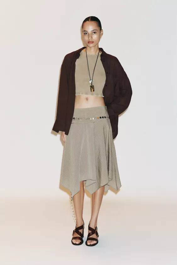 STRIPED ASYMMETRIC BELTED MIDI SKIRT | Zara US