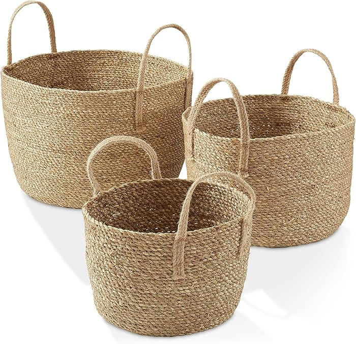 Casafield Set of 3 Braided Seagrass Baskets with Jute Handles - Natural, Woven Storage Basket Pla... | Amazon (US)