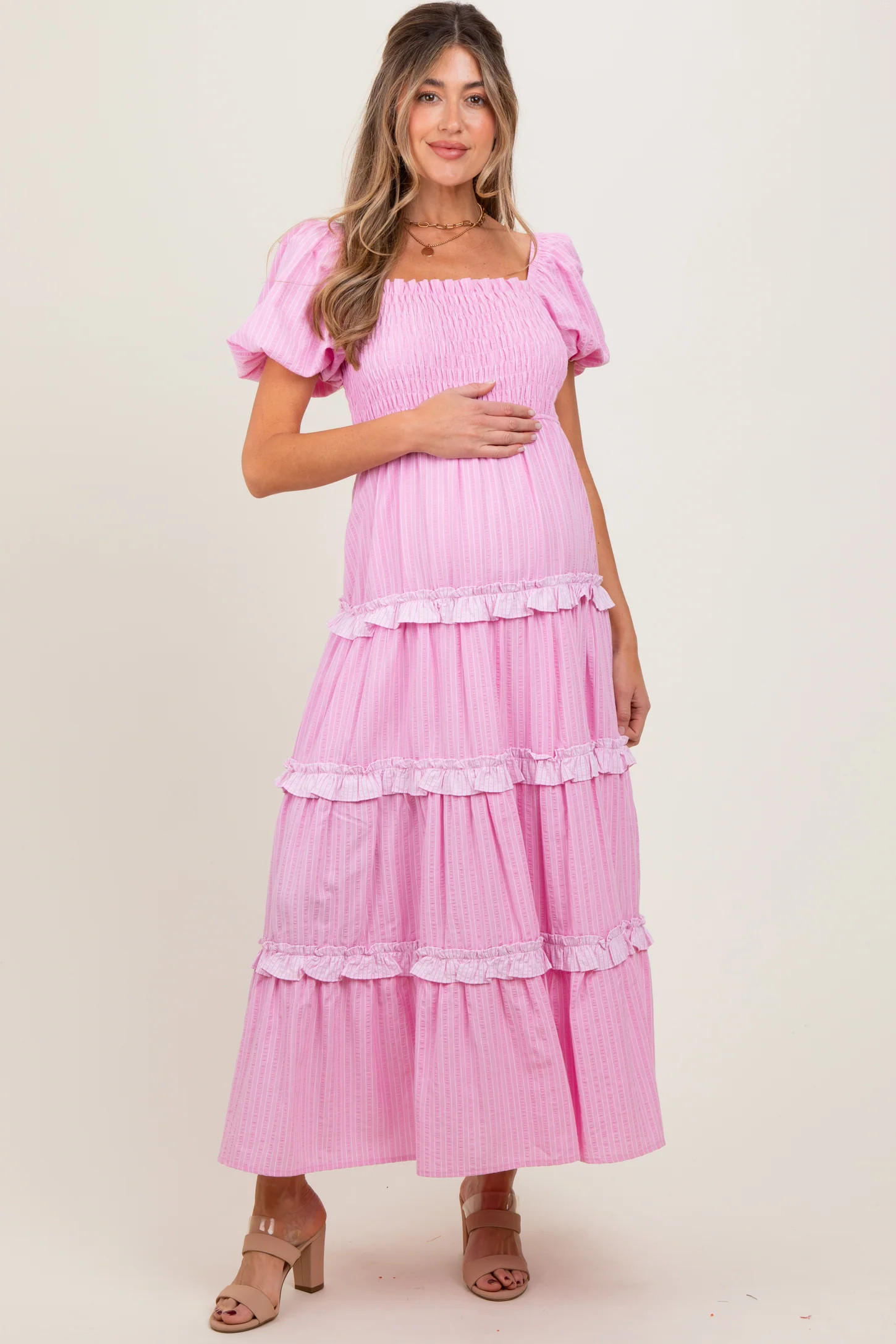 Pink Smocked Ruffle Tiered Puff Sleeve Maternity Maxi Dress | PinkBlush Maternity